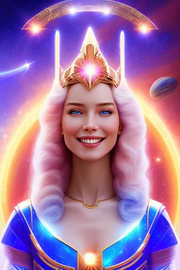 young cosmic woman smile, admiral from the future, one fine whole face, large cosmic forehead, crystalline skin, expressive blue eyes, blue hair, smiling lips, very nice smile, costume pleiadian,rainbow ufo Beautiful tall woman Galactic commander, ship, perfect datailed golden galactic suit, high rank, long hair, hand whit five perfect detailed finger, amazing big blue eyes, smilling mouth, high drfinition lips, cosmic happiness, bright colors, blue, pink, gold, jewels, realistic