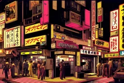 cyberpunk 2077 style, otaku, corner-view, japan bar in shinjuku kabukichō, golden hour, details, corner building cross-section, strong lines, high contrast, highly detailed, exterior elevations, long exposure, toned colors, vdb clouds, concept artwork by jeremy mann and edward hopper