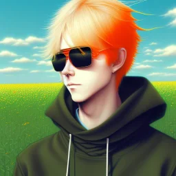 a man in a orange coat is standing in a field, blonde hair, black sunglasses, concept art by Hiromu Arakawa, featured on pixiv, superflat, official art, anime, 2d