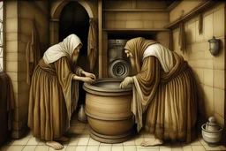 Medieval monks doing their laundry with a washing machine but make it a medieval oil painting by Leonardo da Vinci