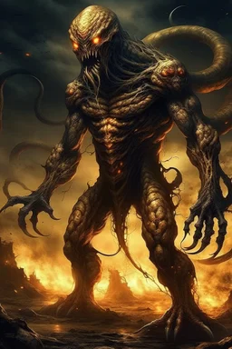 big monster on cuty, giant humanoid, 4 arms, one only eye, long black haired and snakes, fire, moonlight, destruction, bones, destruction, gore, people runing and hide, dakness