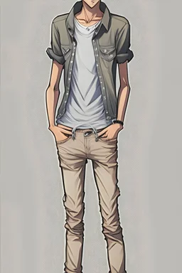 Teen man, black hair, perfect face, style of tomer hanuka, jeans, leather jacket, pompadour. standing, full body