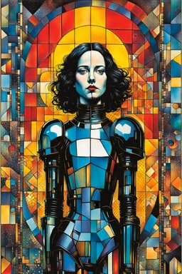 Create chaotic abstract cubist full body religious triptych depicting a martyred Gothpunk Saint Joan of Arc , with highly detailed facial features, in the style of Bill Sienkiewicz, Philippe Druillet, Gustav Klimt, and Jean Giraud Moebius, precisely drawn, colored and inked