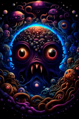 Looking into a black hole, hundreds of huge mushroom-shaped creatures with massive mouths, faceted eyes and tentacles.