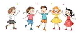 whimsical illustration of children playing and dancing. children's book style, on a white background