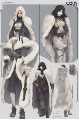 A dnd character sheet. A woman dressed for the cold north dressed in dark furs, with black hair. Death cleric wearing a mask, female woman girl