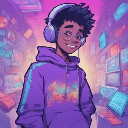 masterpiece, intricate details, a wide angle 2D anime bold line flat color illustration of a cheerful boy in a high purple hoodie and headphones in hip hop style, dopamine style, overlaying mixed patterns of pop art text and emoji device installations, sharp focus, charming character illustration, beautiful vibrant kuler palette gradient