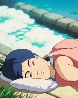 Cosy zen garden during summer, girl laying down on the floor staring at the blue sky, anime style