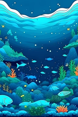 Vista del fondo del mar, con volcanes, peces, tiburones, corales, estrellas y caballitos de mar, el agua en diferentes tonos de azules y verdes