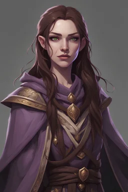 cahotic neutral charismatic Wood Elf Bard Female with pale skin and very sharp features, long brown hair, green eyes, wearing a purple vest and brown adventurer's cloak with a smug face. Lute on her back. Evil smirk.