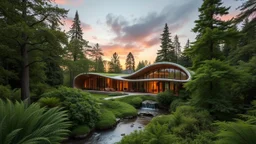 Prompt: Organic Architecture: A Modern Home with Curved Forms Subject: A modern home that seamlessly integrates with nature, featuring organic, curved forms and sustainable materials. Setting: Nestled in a lush, green forest, the home is surrounded by towering trees, ferns, and a gentle stream. The sky is a mix of soft pastels, transitioning from a warm orange at sunset to a cool blue as night approaches. Mood: Serene and harmonious, evoking a sense of peace and connection with the natural wo