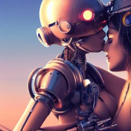 great illustrator, spanish, realistic rendering of a cute spanish girl kissing a beautiful cybergirl. beautiful, simmetric, steampunk style. Helmet with tubes. Girl with wings. Machinery in the background. Robotic bird flying. High details. 4k. unreal engine, sunset