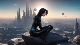 A white woman with black hair, in an android-looking catsuit, sitting on a rock, sideways, with Saturn planet behind her, filling most of the sky, a futuristic city on the horizon, evening sunlight