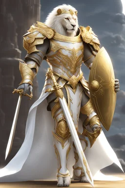 Humanoid lion knight wearing white and gold armor, wearing a white and gold cape, holding a large sword and shield