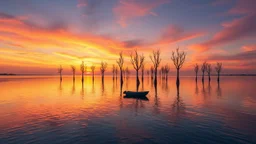 A small boat floating on a calm, reflective body of water at sunset, with surreal, elongated tree-like structures rising from the water against a colorful sky