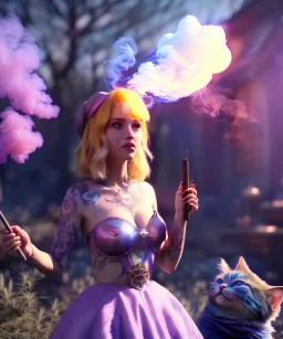 Ultra realistic wonderland photo, happy blonde woman smoking a shisha, blue dress, big purple-cat friend, circus dress style, old school tattoo, smoke, marijuana garden, glow eyes, perfect iris, soft color, highly detailed, unreal engine 5, cinematic, ultra detail, volumetric lighting, high definition.