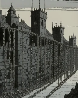 A black fortress with a dungeon filled with chains painted by John Brack