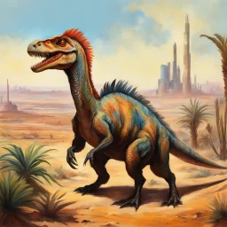 dystopian Dinotopia cyberpunk theme feathered dinosaur painted by Edgar Degas Lystrosaurus full color eating tough, drought-resistant plants that would have been common in the arid climate. desert background.