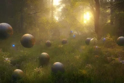 lightning sparkling flowers in floating glass balls, in forest, on lakeside in sunshine detailed matte painting, deep color, fantastical, intricate detail, splash screen, complementary colors, fantasy concept art, 8k resolution trending on Artstation Unreal Engine 5