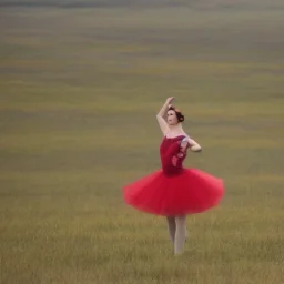 A lonesome cowboy in a ballerina dress is dancing in the prairie