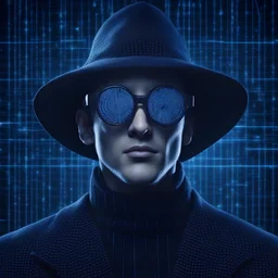 Cyber wizard using glasses with blue matrix backgroud