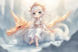 a cute anime chibi princess sitting on a wild chinese dragon and dynamically riding it, melting watercolor and black ink outlines on wet paper, soft, shading strokes, in sunshine, ethereal, otherwordly, cinematic postprocessing, bokeh, dof