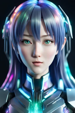 highly detailed and ultra realistic hologram of an anime character, realistic look, futuristic matric data display with colors, and striking,