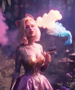 Ultra realistic wonderland photo, happy blonde woman smoking a shisha, blue dress, purple-cat friend, circus dress style, old school tattoo, smoke, marijuana garden, glow eyes, perfect iris, soft color, highly detailed, unreal engine 5, cinematic, ultra detail, volumetric lighting, high definition.