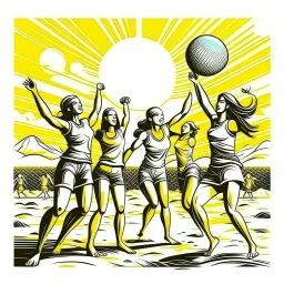 A group of friends playing beach volleyball, energetic, dynamic, midday sun lighting, T-shirt design graphic, vector, contour, white background