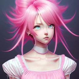 Personagem de anime de cabelo rosa,dona de casa usando um vestido rosa e branco,altissimo detalhe,alta resolução,pintado por Hirohiko araki