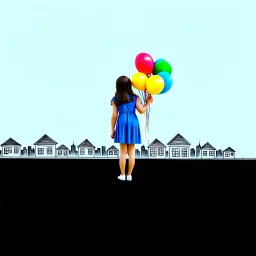 A girl in a blue dress standing tippy toe on the roof of building in chalk-drawn cityscape on a black board, holding a bunch of colorful primary colored balloons.She is standing on the roof of one of the houses, She appears carefree, soaring amidst the whimsical, artistic backdrop of houses.