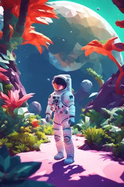 (((close midshot))), (((low poly art:2))), (astronaut), ultra detailed illustration of an environment on a dangerous:1.2 exotic planet with plants and wild (animals:1.5), (vast open world), astroneer inspired, highest quality, no lines, no outlines candid photography. by Lekrot