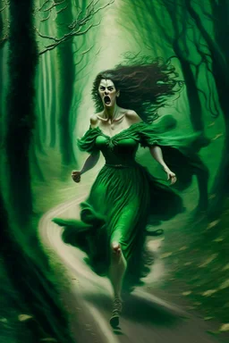 a beautiful woman, in a green velvet dress with a sheath, running down a wooded road, while death chases her and tries to suck her into hell