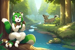 Girl, green hair, raccoon tail, raccoon paws in hand, raccoon paws in foot, forest, river, sit on tree, coat on neck, with tongue out, big tail, furry