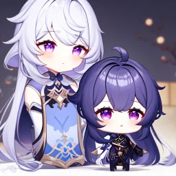 Clear focus,High resolution, Black long straight hair, Long bangs, and purple eyes, wearing a Genshin Impact outfit, Barely Chibi