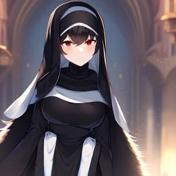 Clear focus, high resolution, black long fluffy hair, red eyes, wearing a nun outfit