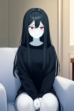 A portrait shot of an scared woman with long brown hair without bangs, red eyes, pale skin; wearing a long-sleeved black sweatshirt; sitting on a couch; modern living room setting during the day; semi-realistic anime style, intricate details