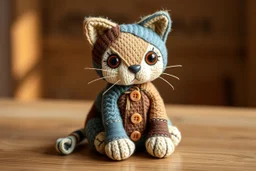 create a handcrafted patchwork cat toy sitting calmly on a wooden surface. The cat is made from textured fabrics like soft tan crochet, worn blue denim, brown corduroy, and stitched wool. Visible seams connect the fabric pieces, with small buttons as decorative accents on the ears and paws. The cat has large, expressive amber eyes and delicate stitched whiskers. Its tail curls gently around its front paws. Cozy natural lighting, warm color palette, soft background with painterly blur, same textu