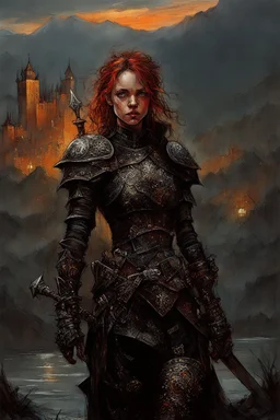 A formidable warrior girl in black armor, on the background Amazing gloomy landscape, flooded with sunset, mountains, trees, fabulous scary hero, , juicy emotions, painting, dark fantasy, gloomy day, dark world, portrait, Gothic Town At Night, Fantasy, Intricate Details, Castle Courtyard Gardens, Hyper Detailed, Jean Baptiste Monge, Carne Griffiths, Michael Garmash, Seb Mckinnon, Masterpiece