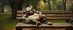 master oil painting by Rembrandt, fat old gollum orc dragon gremlin sleeping on a bench in the park