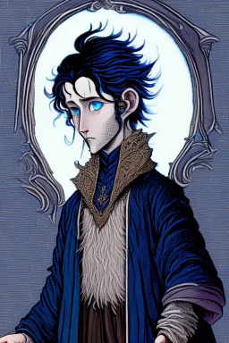 young black haired blue eyed wizard in the style of dore