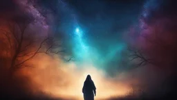 walking straight ahead over a wooden bridge, holding the angel of death with your right hand, entering the fog at the end of the road that leads to the afterlife, and a beautiful sunset and galaxy's behind the fog, realistic