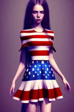 girl, cute, beautiful, American flag dress, long hair, digital art