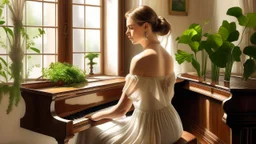 A captivating portrait of a Caucasian woman, elegantly dressed in a white off-shoulder dress, seated on a wooden chair. Her back is turned, revealing a delicate tattoo on her shoulder. The room she occupies is adorned with a beautiful brown wooden piano and a lush green plant, creating a serene atmosphere. A window in the background frames a breathtaking view of a verdant landscape, while soft sunlight streams through, casting a warm glow on the scene.