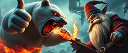 epic movie poster, fire drop polar bear vampire with thumbs up grabbed by throat vs gnome goblin rock priest, fish eye lense