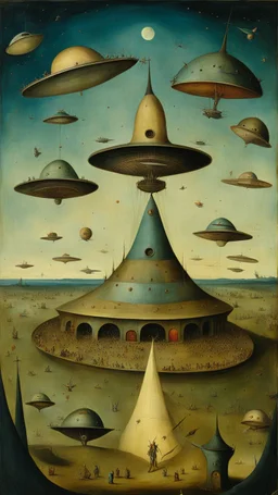 Hieronymus Bosch style , nightmares a lot of aliens spaceships in the sky