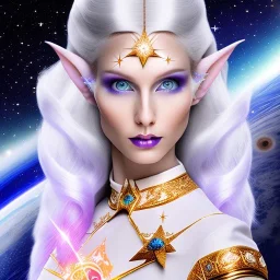 cosmic mage, elf, female, cosmic magic, long ears, white hair, face details, pale skin, jewellery, broad shoulders, sharp ears, star clothes, cosmic eyes, ears shown, the cosmos in eyes, shining eyes, thin face, detailed ears, magical eyes, closed mouth, make up, smiling face, happy face, pointy ears