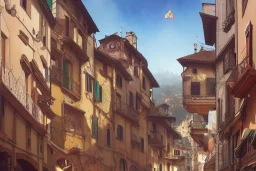 Cats+colorful Italian town on seA+bologna+genoa street+Italian medieval town++alphonse mucha, greg rutkowski,matte painting, cryengine, hyper detailed, felix kelly, fantasy art, seb mckinnon