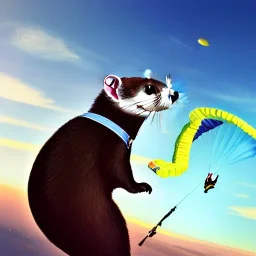 close-up detailed matte painting of a ferret wearing a jumpsuit with parachute harness jumping out of a plane, skydive, sunlit sky, intricate, ultra-fine detailed, 8k, high-quality, 3d, realistic, photoillustration, artwork