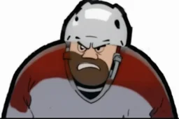 Calvin and Hobbs cartoon of an angry Calvin pouting with head down wearing a hockey helmet, line art cartoon